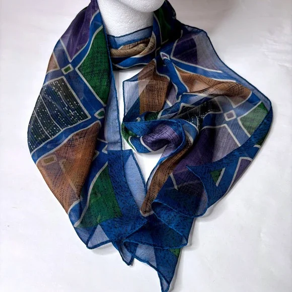 VTG Jones NY Geometric Print Chiffon Sheer Scarf Blue Tan Green Purple - Picture 2 of 2